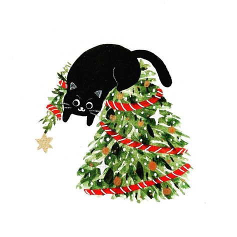 Christmas Card Illustration, Christmas Card Art, Christmas Illustrations, A Black Cat, In This House, Christmas Drawing, December 4, Christmas Illustration, One Star