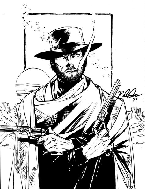 man_with_no_name_eccc_pre_orde_by_rebekahann-d3asd7m Man With No Name Tattoo, Clint Eastwood Cowboy Art, Clint Eastwood Drawing, Clint Eastwood Tattoo, Clint Eastwood Art, Marvel Black And White, Man With No Name, Cowboy Character Design, Cowboy Draw