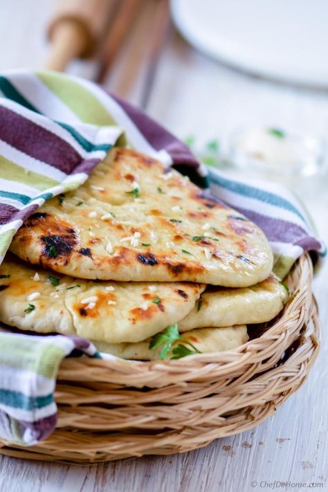 Quick Indian Garlic Naan Bread without yeast for Easy Indian Dinner at Home | chefdehome.com Easy Naan Bread Recipe No Yeast, Naan Bread Recipe No Yeast, Ramadan Facts, Ramadan Meaning, Bread Recipe No Yeast, Easy Naan Bread, Butter Naan Recipe, Easy Naan, Naan Bread Recipe