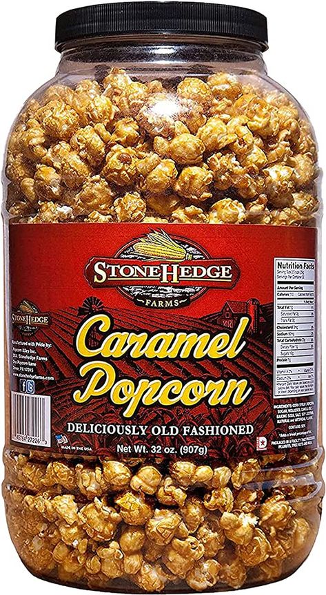 Amazon.com: Stonehedge Farms Caramel Flavored Popcorn - 32 Ounce Tub - Reclosable Container - Deliciously Old Fashioned - Made in the USA - Gluten Free Caramel Popcorn Packaging, Carmel Popcorn Recipe, Inside Fridge, Carmel Popcorn, Popcorn Packaging, Grocery Supermarket, How To Make Caramel, Snack Pack, Flavored Popcorn