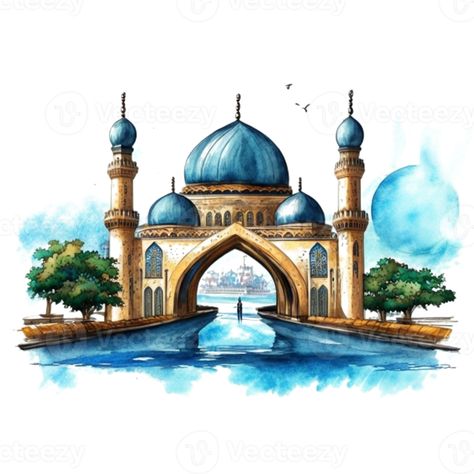 Watercolor painting of a mosque Painting Of Mosque, Mosque Art Illustration, Mosque Art Painting, Watercolor Mosque, Azadi Sale, Mosque Painting, Mosque Drawing, Instagram Likes And Followers, Sunflower Drawing