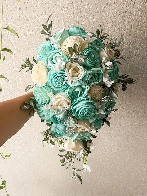 Wood Flowers Bouquet, Blue And White Roses, Tiffany Blue Wedding, Cascade Bouquet, Wood Flowers, Ivory Wedding, Tiffany Blue, Blue Wedding, White Roses