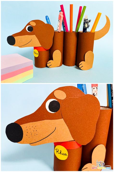 Get ready for back to school with a fun and creative DIY project! Learn how to make an adorable paper roll dog pencil holder. This easy craft is perfect for kids of all ages and a great way to keep your stationery organized. Click to see the full tutorial with a printable template! Toilet Paper Roll Dog, Dog Diy Crafts, Dog Craft Ideas, Pencil Holders Diy Kids, Dog Crafts For Kids, Pencil Holder Craft, Easy Cardboard Crafts, Animal Pencil Case, Puppy Crafts