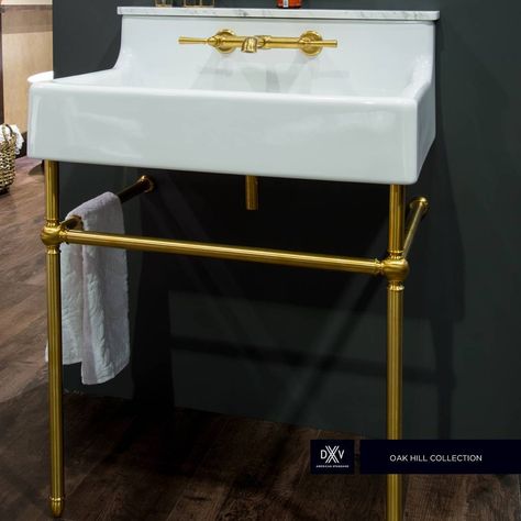 The structured Oak Hill Console Sink stands center of attention in our new Satin Brass finish. California Cottage, Dreamy Interiors, Bathroom Sanitary, Powder Room Sink, Tuxedo Park, Bath Showroom, Console Sink, Console Sinks, Oak Hill