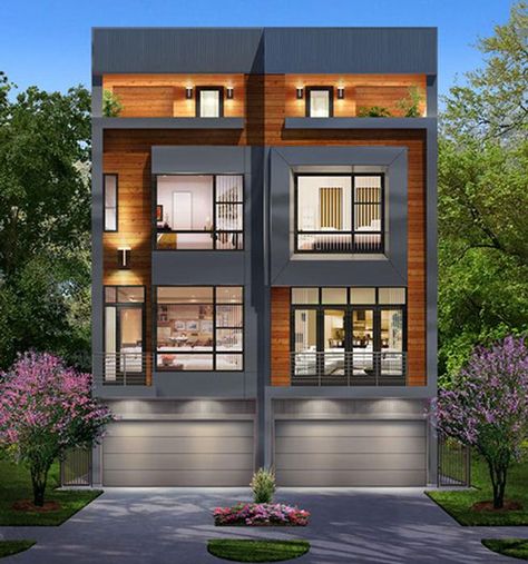 Duplex Townhouse, Narrow House Designs, Townhouse Exterior, Narrow House Plans, Narrow Lot House, Modern Townhouse, Duplex Design, Townhouse Designs, Duplex House Plans