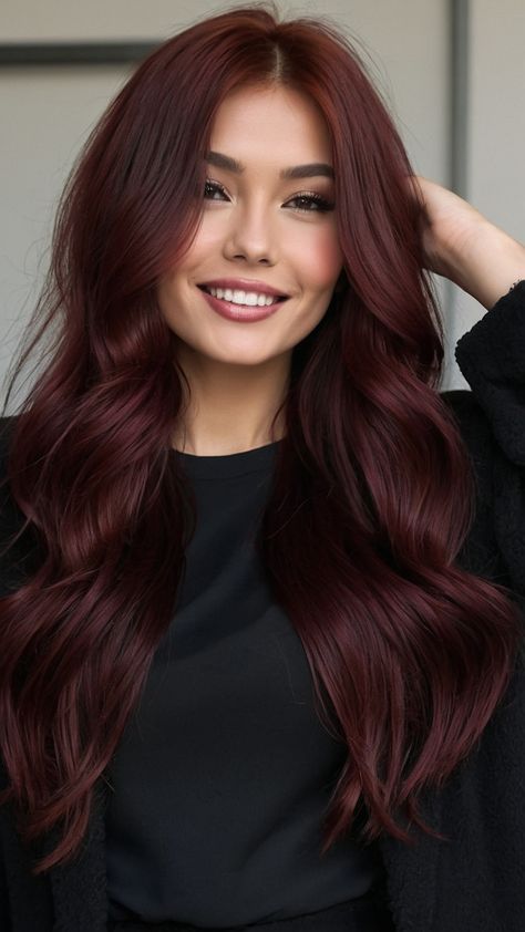 Achieve the perfect cherry cola hair color with this dark brunette formula ideal for curly hair highlights and brown skin tones Learn how to rock balayage with a hint of pale skin or chocolate tones whether you have short black hair or Indian skin This Pinterest-perfect look is sure to turn heads Asian Burgundy Hair, Cherry Cola Brown Hair, Hair Color Ideas For Dark Skin Latinas, Cherry Chocolate Brunette Hair, Pale Skin Hair, Dark Cherry Cola Hair Color, Cherry Chocolate Hair, Cola Hair Color, Deep Burgundy Hair Color