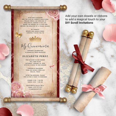 DIY Rose Gold Quinceanera Scroll Invitations #rosegoldquinceanerascrollinvitations #diytemplatevintageparchmentpaper #myquinceanerasweet16birthday #floralblushpinkburgundyflowers #misquinceanosbeautybeast #15elegantwatercolorrosesbutterfly #butterfliesdiamondsparkletiaracrown #rolledroyalweddinginvitationcards #glitterdressesgownborderparty #carddesignprincessbabyshower Quinceanera Diy, Enchanted Theme, Diy Scroll, Scroll Invitations, Rose Gold Quinceanera, Royal Blue Quinceanera, Roses Butterfly, Green Quinceanera, Invitations Quinceanera