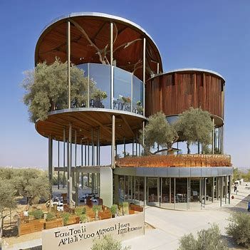 Two Storey Steel & Wooden Expo Pavilion with panoramic view restaurant 2nd floor: harmonious blend of modernity and natural aesthetics, to Fit within 900 sqm area; separate circular elevated walkway around the edge area, Integrate solar panels resembling olive trees separate to pavilion - Image Creator from Microsoft Bing Elevated Restaurant, Circular Restaurant, Steel Pavilion, Expo Pavilion, Elevated Walkway, Natural Aesthetics, Dubai Skyscraper, Pavilion Architecture, Graduation Project