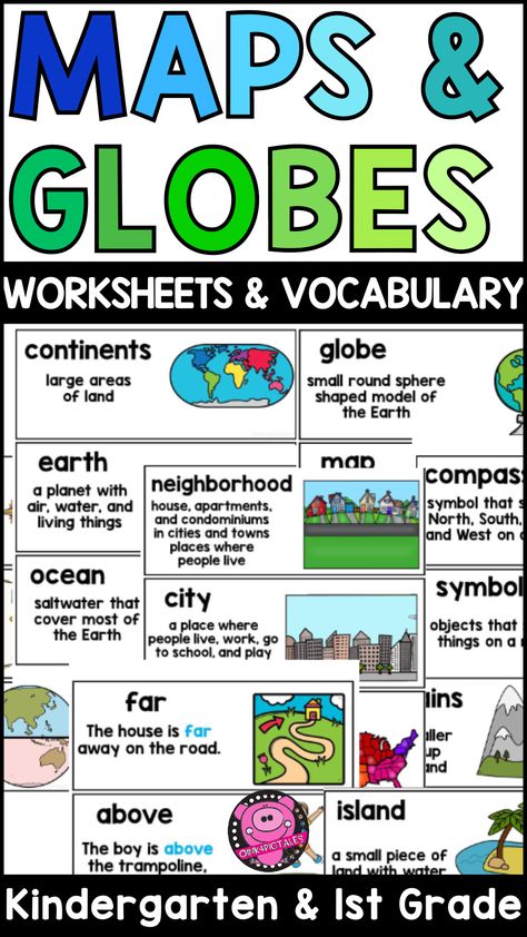 Make geography exciting for young learners with these engaging Maps and Globes worksheets! Designed for K-2nd students, this unit covers cardinal directions, landforms, bodies of water, map keys, and more. With fun cut-and-glue activities, word wall cards, and interactive worksheets, students will explore maps, learn to use a compass rose, and even create their own. Maps First Grade, Map Skills Activities, Glue Activities, Geography Vocabulary, Substitute Teacher Tips, Social Studies Maps, Teacher Tips And Tricks, First Grade Social Studies, Printable Worksheets For Kindergarten