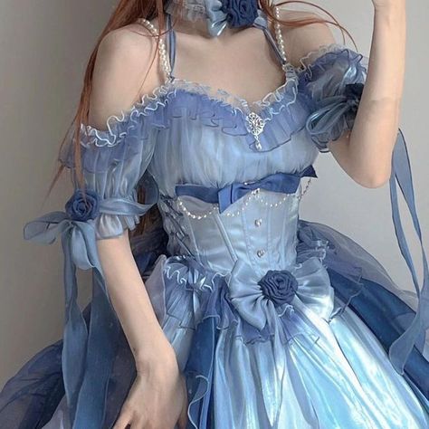 Corset Blue Dress, Blue Royal Dress, Blue Fairy Dress Aesthetic, Blue Aesthetic Dress Princess, Luxury Blue Elegant Victorian Dress, Flower Dress Aesthetic, Blue Fantasy Dress, Blue Royalcore Dress, Cinderella Sisters