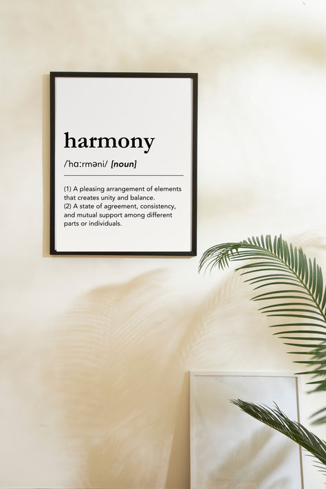 Beautiful definition Wall art for bedroom or living room with harmony definition, black typography, white background. Definition of harmony poster. Bedroom decor inspiration, harmony quotes, bedroom aesthetics, couples home decor ideas, minimalist bedroom wall decoration, Soulful home decor, beautiful word definitions, #lagunaklein #harmony #bedroomdecor, wall art for bedroom, cream color walls with white poster, nordic bedroom, nordic, living room, bedroom wall ideas, scandinavian living room Harmony Definition, Bedroom Cream Color, Couples Home Decor, Harmony Quotes, Bedroom Cream, Color Walls, Beautiful Definitions, Bedroom Nordic, Harmony Day