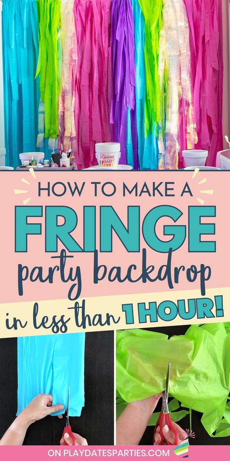 Looking for party decoration ideas that will WOW your guests? Make your celebration pop with color and texture by making an easy DIY fringe backdrop! Perfect for parties, birthdays, photo shoots, your next Cinco de Mayo fiesta, and more. With just a few plastic tablecloths, this backdrop introduces a budget friendly layered wall background that's sure to impress. Best of all, there's no knotting making it quick and easy for beginners to add cheap, fun, and festive flair to your next party, Party Backdrop No Balloons, Easy Diy Party Decor, Diy Party Background Ideas, How To Make A Fringe Backdrop Diy, Birthday Decorations On A Budget, Backdrop With Tablecloth, Diy Fringe Banner, Tissue Paper Wall Backdrop, No Balloons Backdrop