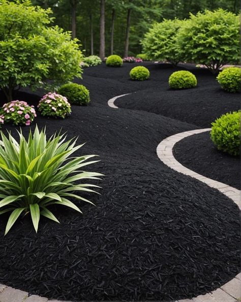 20 Elegant Black Mulch Landscaping Designs To Copy - Toolz Geek Black Mulch Garden Ideas, Landscaping With Black Rock, Black Gravel Landscaping, Black Garden Ideas, Black Mulch Landscaping Front Yards, Bedroom False Ceiling Ideas, Black Mulch Landscaping, Mosque Landscape, Bedroom False Ceiling