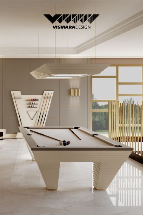 Ivory pool table with pool lamp and cue rack inside a luxury villa. Produced by Vismara Design in Italy Modern Pool Table Room, Modern Billiard Room, Pool Table Room Ideas, Modern Pool Tables, Pool Room Ideas, Billiards Room Decor, Pool Table Design, Modern Pool Table, Entertainment Rooms