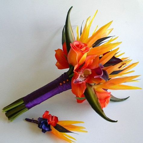 Orange Purple Wedding, Bird Of Paradise Wedding, Tropical Bridal Bouquet, Reception Planning, Tropical Wedding Bouquets, Purple Wedding Decorations, Wedding Flower Guide, Tropical Flower Arrangements, Paradise Wedding