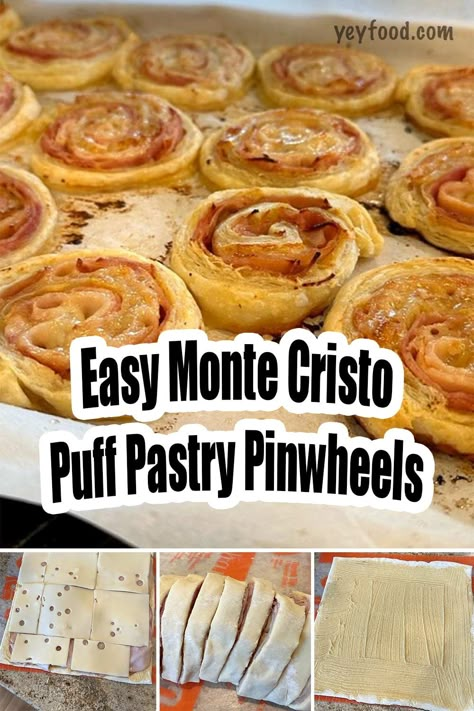 Easy Monte Cristo Puff Pastry Pinwheels - yeyfood.com Monte Crustose Pinwheels, Monty Cristo Pin Wheels, Monte Crispy Pinwheels, Monte Cristo Pinwheels Party Appetizers, Monte Cristina Pinwheels With Puff Pastry, Monte Cristo Sandwich Puff Pastry, Monte Christopher Pinwheels, Holiday Ham Monte Cristo Skewers, Puff Pastry Monte Cristo Pinwheels