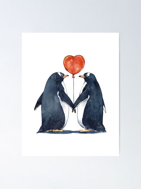 Penguin Love Drawing, Penguins In Love Drawing, Penguin Canvas Painting, Cute Penguin Art, Wedding Watercolor Painting, Penguin Painting, Watercolor Penguin, Penguin Watercolor, Snowboard Art