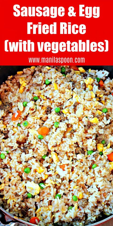 With sausages and eggs, this tasty fried rice is a meal by itself. Customize it with your favorite veggies! Breakfast Stir Fry Eggs, Italian Sausage Fried Rice, River Trip Food Ideas, Rice With Bell Peppers, Brunch Pasta, Tasty Fried Rice, Breakfast Fried Rice, Stir Fry With Egg, Chinese Meals