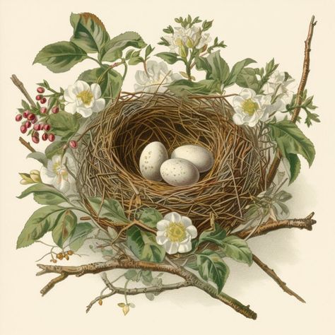 Bird Nests Art, Nest Images, Bird Nest Painting, Nest Art, Vintage Bird Illustration, The Graphics Fairy, Spring Birds, Spring Projects, Graphics Fairy