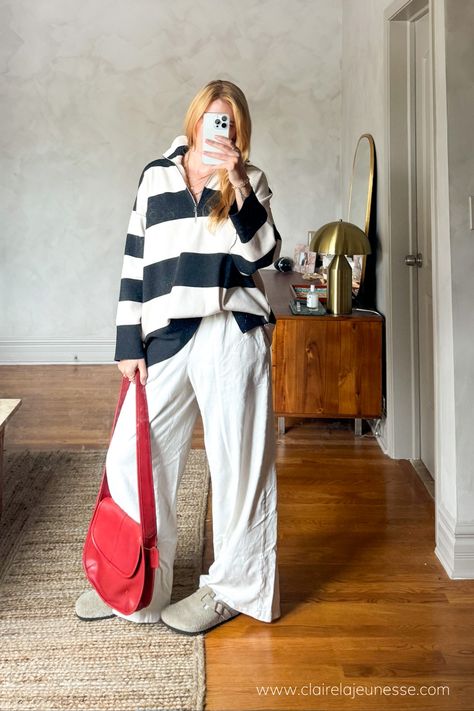 Striped Sweater Outfit Aesthetic, Red Tshirt Outfit, Wide Leg Sweats, Striped Sweater Outfit, Nautical Aesthetic, Natural Essence, Oversized Striped Sweater, Pop Of Red, Fall Outfit Ideas