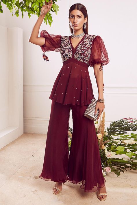 Peplum Top Outfits Indian, Flared Sharara, Peplum Top Outfits, Sharara Pants, Trendy Outfits Indian, Maroon Top, Long Kurti Designs, Desi Fashion Casual, Sleeves Designs For Dresses