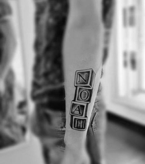 awesome kids name noah blocks mens outer forearm tattoo Kids Name Tattoo Ideas For Men, Noah Tattoo Ideas, Peter Tattoo, Noah Tattoo, Name Tattoos For Men, Names Tattoo, Outer Forearm Tattoo, Krishna Tattoo, Kid Name Tattoo