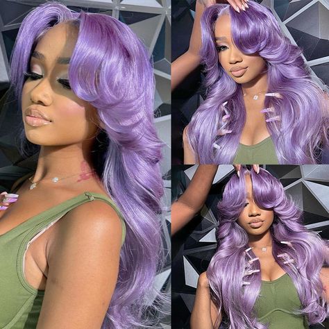 Collage featuring Ishow light purple lavender body wave human hair wig on a model and a mannequin, showcasing the wig's body wave texture, natural hairline, and 13x4 lace front with middle part. Lavender Wig, Color Wigs For Black Women, Wigs Purple, Purple Texture, Cute Wigs, Hair Color Light, Frontal Wig Hairstyles, Color Wigs, Wave Texture