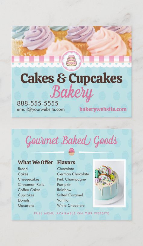 An attractive double-sided postcard for bakeries that bakes cupcakes, cakes, desserts and other baked goods. It has a cupcake print background in blue, and allows you to edit the images with your own baked goods (or use the ones on the flyer). Editable text includes your phone number, email, website, and on the back your bakery menu and list of flavours. Great for handing out at markets, bakeries, stores, customers, and at a size to mail out for advertising. Cake Business Advertising Ideas, Baking Business Cards, Bakery Poster, German Chocolate Cheesecake, Baking Business Ideas, Micro Bakery, Cupcakes Bakery, Treat Business, Baking Quotes