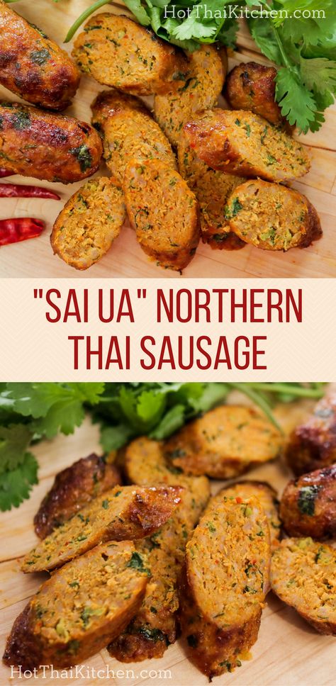 Authentic northern style Thai spicy pork sausage is full of herbs and flavour! I also show you an easy way to make sausages without having to deal with stuffing them into casings. #thaifood #sausage #thairecipe #pork #grilling Thai Sausage, Vietnamese Sausage, Lao Recipes, Hot Thai Kitchen, Cocktail Weenies, Thai Recipes Authentic, Vietnamese Grilled Pork, Pork Sausage Recipes, Homemade Sausage Recipes