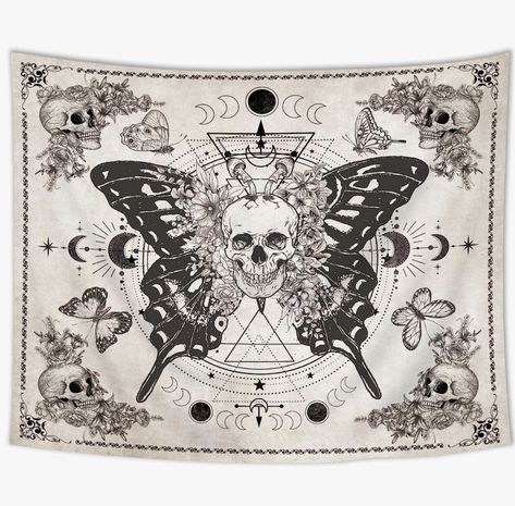 Skull Moth Tapestry Black and Gray Witchy Decor Moth Tapestry, Butterfly Skeleton, Skull Tapestry, Mushroom Aesthetic, Skull Moth, Witchy Home, Witchy Home Decor, Tapestry Bedroom, Floral Moon