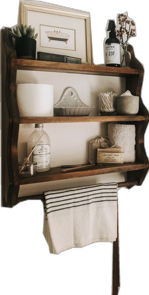 Vintage shelf for Farmhouse bathroom Bathroom With Bookshelves, Over Toilet Wall Shelves, Wooden Laundry Shelves, Vintage Floating Shelf, Thrifted Shelf Decor, Open Shelf Bathroom Storage, Decorate Bathroom Shelves, Wall Shelf Styling, Shelf Decoration Ideas