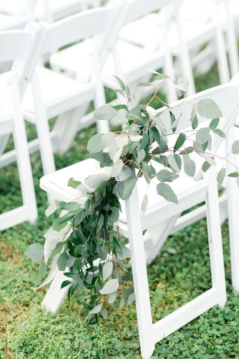 Eucalyptus Aisle Decorations for an Outdoor Wedding Ceremony. Photo by Kristen Weaver Photography. Nature Weddings, Wedding Aisle Decorations Outdoor, Event Chairs, Seating Wedding, Wedding Aisle Outdoor, Chairs Wedding, White Wedding Arch, Illustrated Wedding Invitations, Wedding Isles