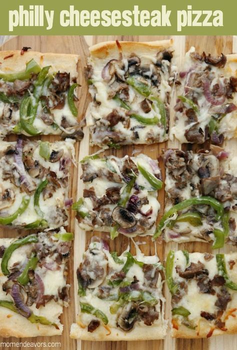 Philly Cheesesteak Pizza- easy to make and SO tasty! #NewTraDish (sponsored) Philly Cheesesteak Pizza Sauce, Philly Cheesesteak Flatbread, Cheesesteak Flatbread, Gf Flatbread, Football Popcorn, Philly Cheesesteak Pizza, Asparagus Rice, Apricot Oatmeal, Cheesesteak Pizza