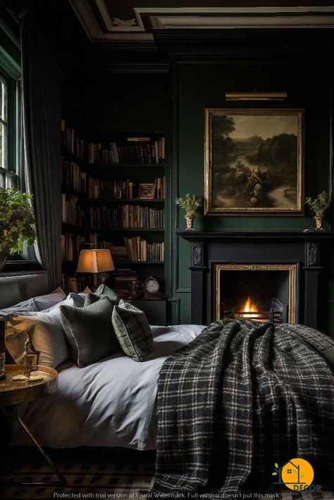 Dark Green Spare Room, Dark Academia Interior Design Bedroom, Dark Forest Aesthetic Bedroom, Deep Green Bedroom Ideas, Emerald Green Bedroom Walls, Moody Dark Green Bedroom, Dark Academia Small Bedroom, Fairycore Interior, Dark Sage Green Bedroom