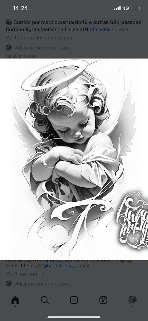 Angel With Name Tattoo, Angel Designs Drawing, Cherub Neck Tattoo, Angel Drawing Tattoo, Baby Angel Tattoo For Men, Angel Halo Tattoo, Chicano Angel Tattoo, Guardian Angel Drawing, Cherubs Tattoo