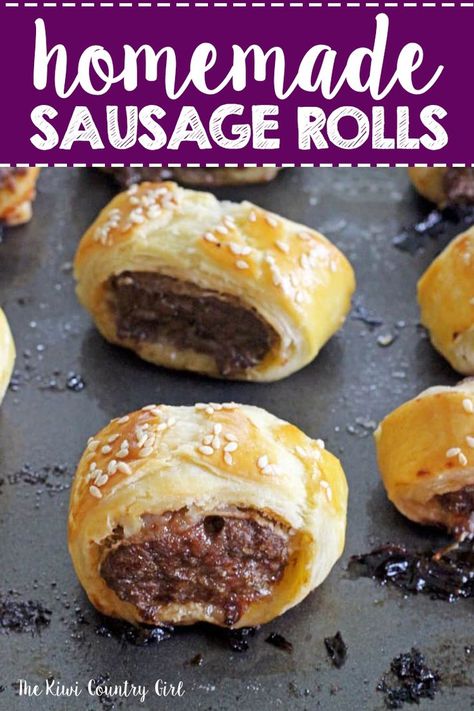 This easy recipe for homemade sausage rolls is amazing! This Kiwi (and Australian) classic is made with puff pastry, you can use either beef, pork or chicken and they are SO much better than bought ones! It wouldn't be a party without them! #sausagerolls #beef #snack #party #kiwiclassic #thekiwicountrygirl #pastry #puffpastry Wedding Nibbles, Vegan Sausage Rolls, Homemade Sausage Rolls, Sausage Rolls Recipe, 5 Ingredient Recipes, Vegan Sausage, Homemade Sausage, Homemade Beef, Sausage Rolls