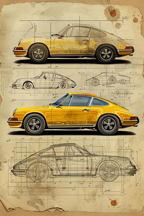 Porsche Posters Vintage, Porsche Blueprint, Vintage Car Posters, Surfboard Drawing, College Posters, Travel Graphics, Cars Sketch, Porsche Art, Porsche Poster