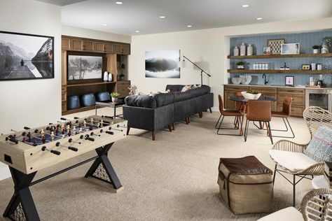 29 Amazing Spaces for Watching a Big Game | Build Beautiful Open Shelf Bar, Shelf Bar, Basement Living Rooms, Toll Brothers, Basement Makeover, Outdoor Living Rooms, Flex Room, Basement Bedrooms, Amazing Spaces