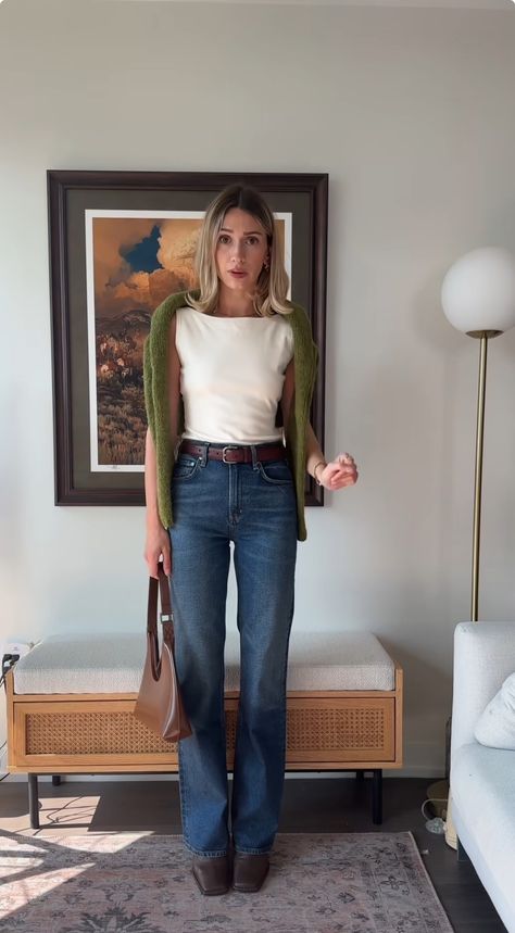 Bootcut Jeans Outfit Dressy, Easy Sunday Outfit, 60 Degree Work Outfit, Casual Dinner Outfit Jeans, Demin Vest Outfit Fall, Rachel Green Cargo Pants, 2024 Autumn Outfits Elegant, Classy Gameday Outfit, How To Style Trousers Women Casual