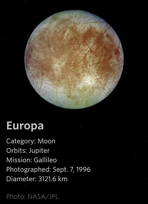 Europa Moon Of Jupiter, Europa Jupiter Moon, Jupiter And Moons, Europa Planet, Jupiters Moon, Europa Moon, Moons Of Jupiter, Moon Facts, Jupiter Planet