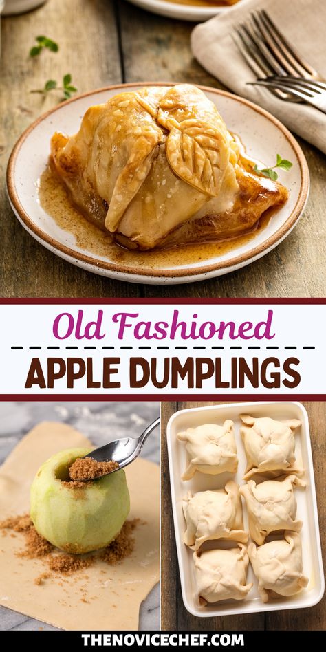 Baked till tender, wrapped in a flaky pie crust, and served with a sweet apple cider sauce, these gorgeous Old Fashioned Apple Dumplings are irresistible! Apples And Dumplings, Deep Fried Apple Dumplings, Apple Dumpling Dough Recipe, Baked Apple Dumplings With Pie Crust, Baked Green Apples Granny Smith, Apple Dumpling With Puff Pastry, Mini Apple Dumplings With Pie Crust, Healthy Apple Dumplings, Apple Dumplings With Sprite