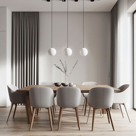 Minimalist Dining Room Design Inspiration Light Grey Curtains, Room Color Palettes, Dining Room Color Palette, Minimalist Dining Room Table, Contemporary House Interior, Contemporary Dining Room Decor, Modern Contemporary Dining Room, Contemporary Dining Room Design, Minimal Dining