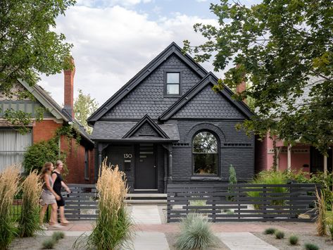 A Daring Exterior Renovation for a Historic Baker Bungalow - 5280 Exterior Home Trends 2023, 2023 Exterior Paint Color Trends, Dark Exterior House Colors, Zero Scape, Victorian Remodel, Black Houses, Home Exterior Design, Exterior Houses, Bungalow Exterior