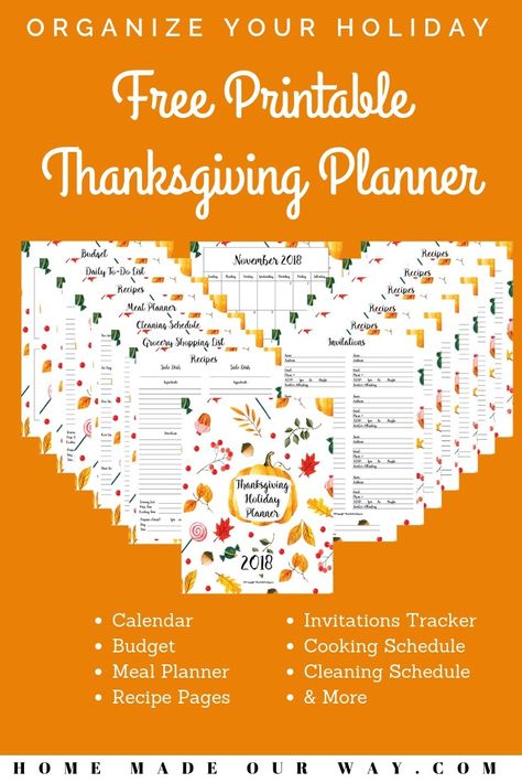 2018 Thanksgiving Planner to Organize your Holiday | printable | meal planner | shopping list | cleaning schedule | calendar | budget | recipes | cooking schedule | invitation list | #planner #thanksgiving #2018 Thanksgiving Schedule Free Printable, Thanksgiving Meal Planner Printable Free, Thanksgiving Planner Printables Free, Cooking Schedule, Thanksgiving Meal Planner, Calendar Budget, Crop Ideas, Thanksgiving Planning, Meal Planner Printable Free