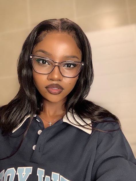 Makeup, glasses, black girl Gold Glasses Black Women, Cute Glasses Makeup Looks, Glasses Makeup Black Women, Cat Eye Glasses Black Women, Cute Black Glasses Frames, Black Women In Glasses Eyeglasses, Makeup With Glasses Black Women, Glasses With Makeup, Cute Prescription Glasses Black Women