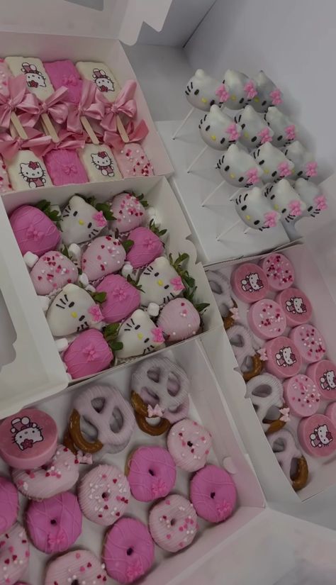 Hello Kitty Cakecicles, Hello Kitty Party Desserts, Sweet 16 Party Ideas Hello Kitty, Hello Kitty Chocolate Covered Oreos, Cake Pop Arrangements, Hello Kitty Pastries, Hello Kitty Desert Table, Hello Kitty Treat Table, Hello Kitty Pretzels