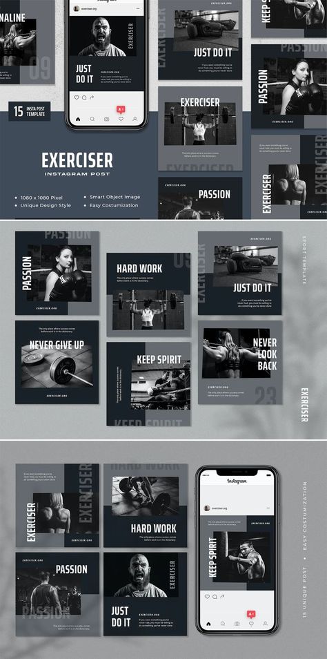 Gym & Fitness Instagram Post Templates PSD - 15 Files. All graphics resizable and editable. Gym Post Ideas, Fitness Instagram Feed, Gym Posts, Gym Template, Fitness Instagram Post, Layout Insta, Gym Branding, Ig Design, Instagram Grid Layout