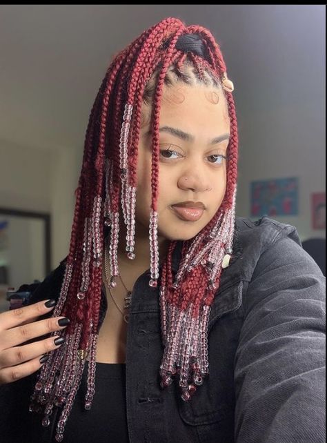 Burgundy Knotless Braids With Beads, Burgundy Cornrow Braids, Red Box Braids With Beads, Burgundy Braids With Beads, Red Braids With Beads, Pink Braids With Beads, Short Knotless, 2022 Hairstyles, Long Braided Hairstyles