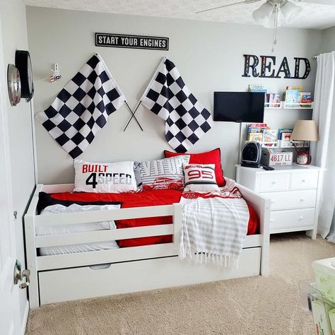 Diy Race Car Room Decor, Racing Car Bedroom Ideas, Car Bedroom Theme, Cars Theme Boys Bedroom, Modern Race Car Bedroom, Car Garage Themed Bedroom, Toddler Car Bedroom Ideas, Racing Theme Bedroom, Race Car Bathroom Ideas