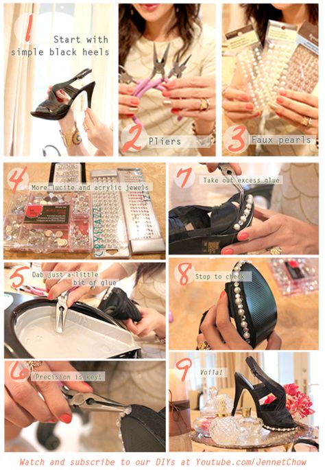 Cute Diy Crafts, Simple Black Heels, Shoe Makeover, Pearl Crafts, Pearl Shoes, Astuces Diy, Shoes Hack, Pearls Diy, Cute Diy